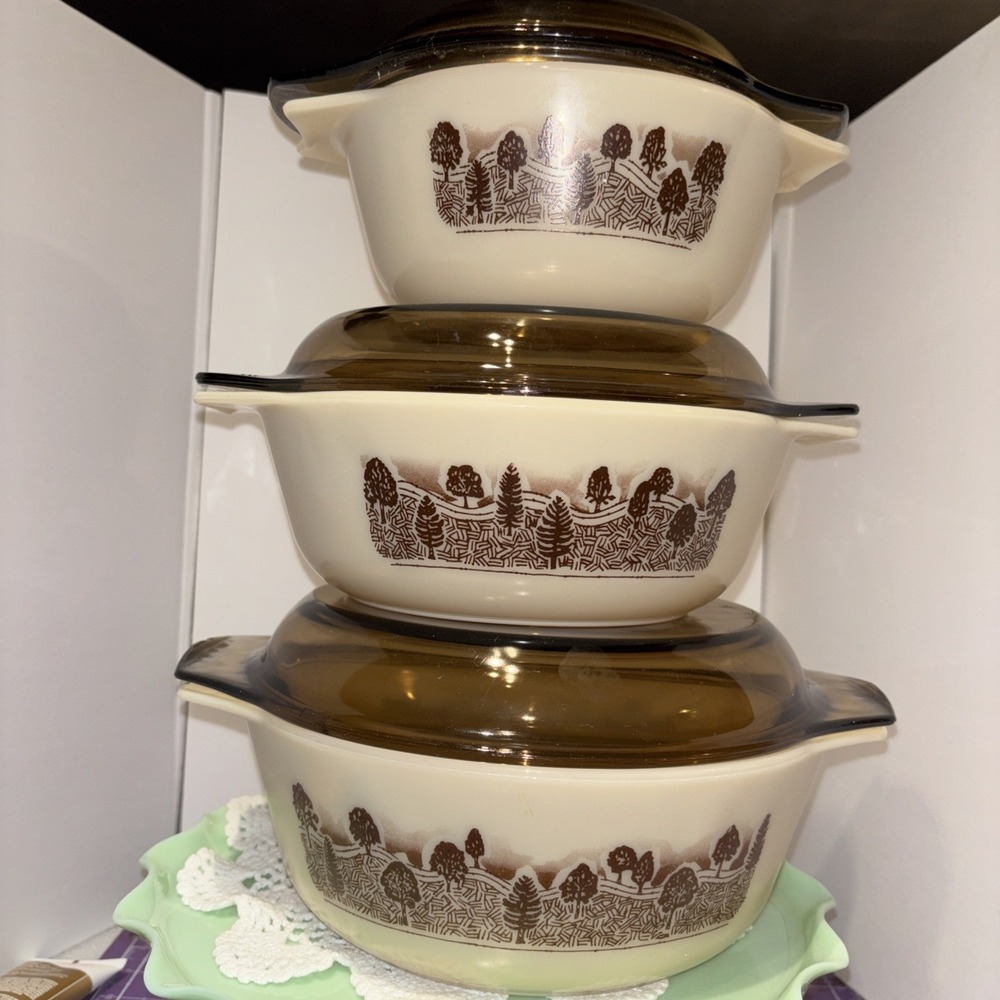 Rare Full Set Pyrex England Rustic Trees (spans rustic tree era) 509,510,511